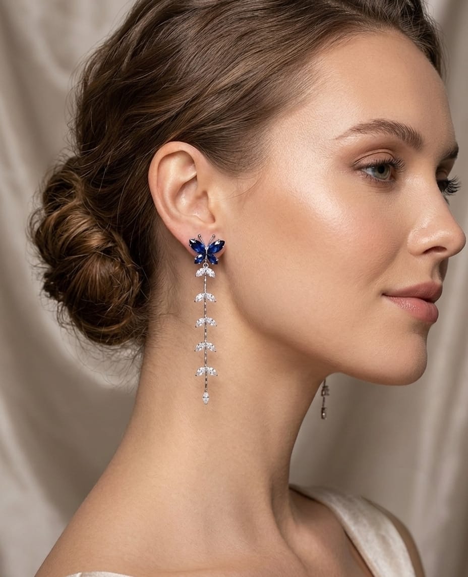Aretes largo con zircon mariposa bañado en plata 925