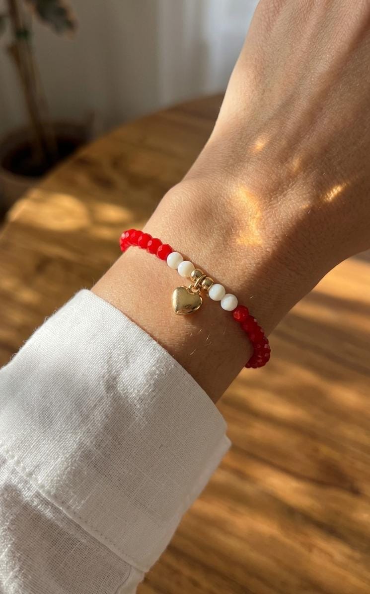 Pulsera elastica murano y nácar + dije corazón